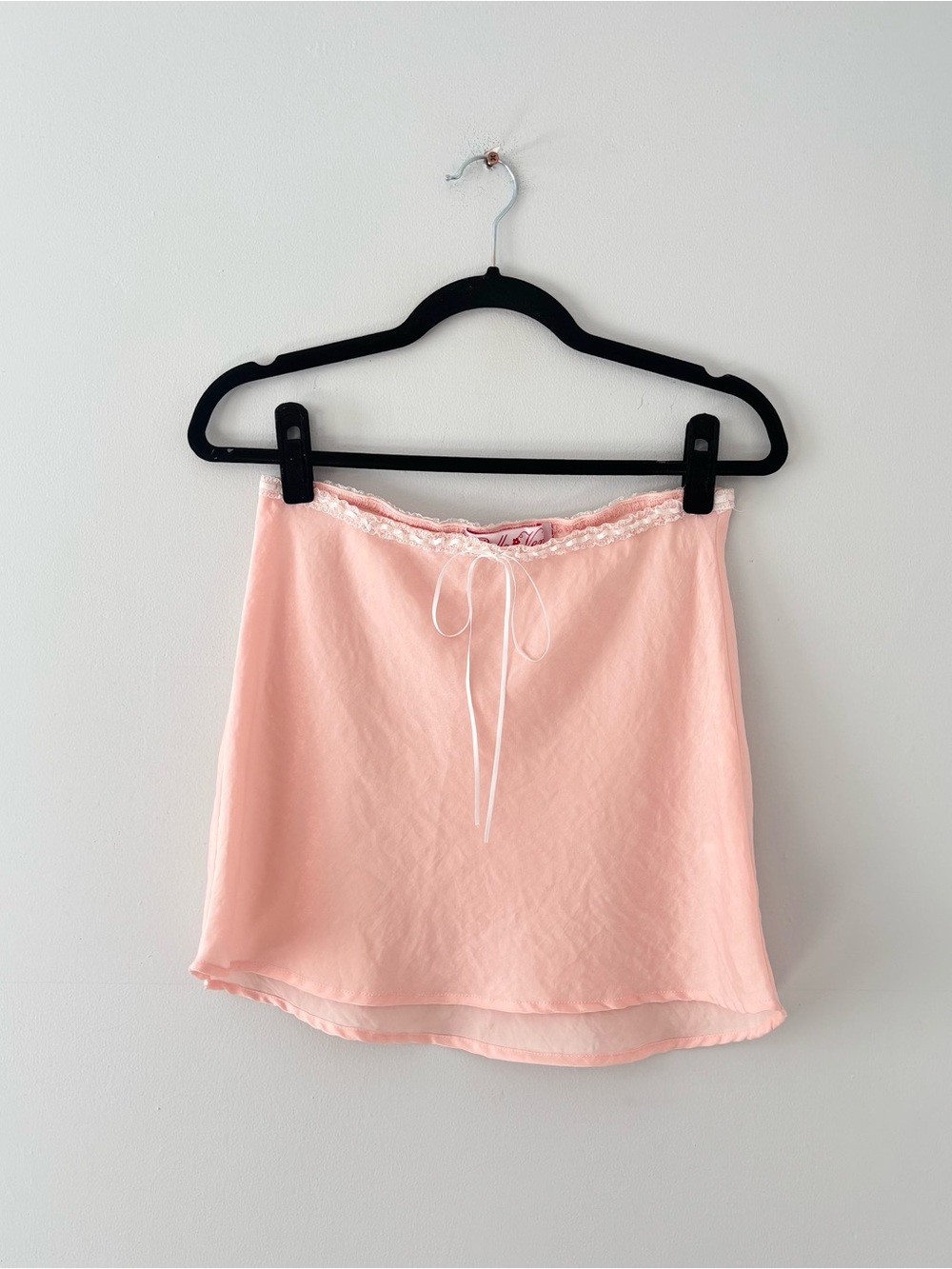 Bella Venice Lace Trim Mini Skirt Satin Drapey Unlined Bow Tie Pink Revolve